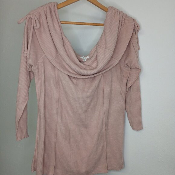 UEC Maurice's Cowl Neck Cinch Shoulder Sweater Blush Pink Ribbed Coquette sz 1X - Picture 9 of 13